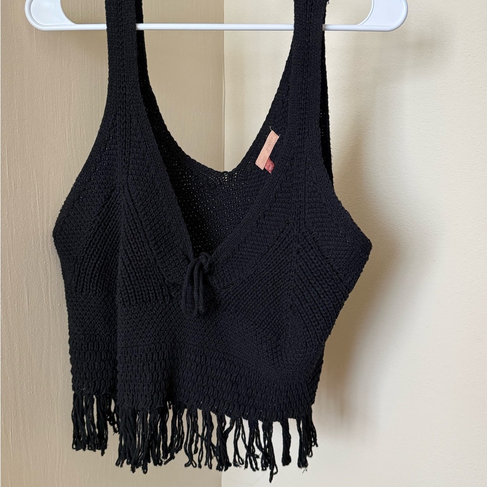 Pilcro Black Fringe Knit Crop Top
